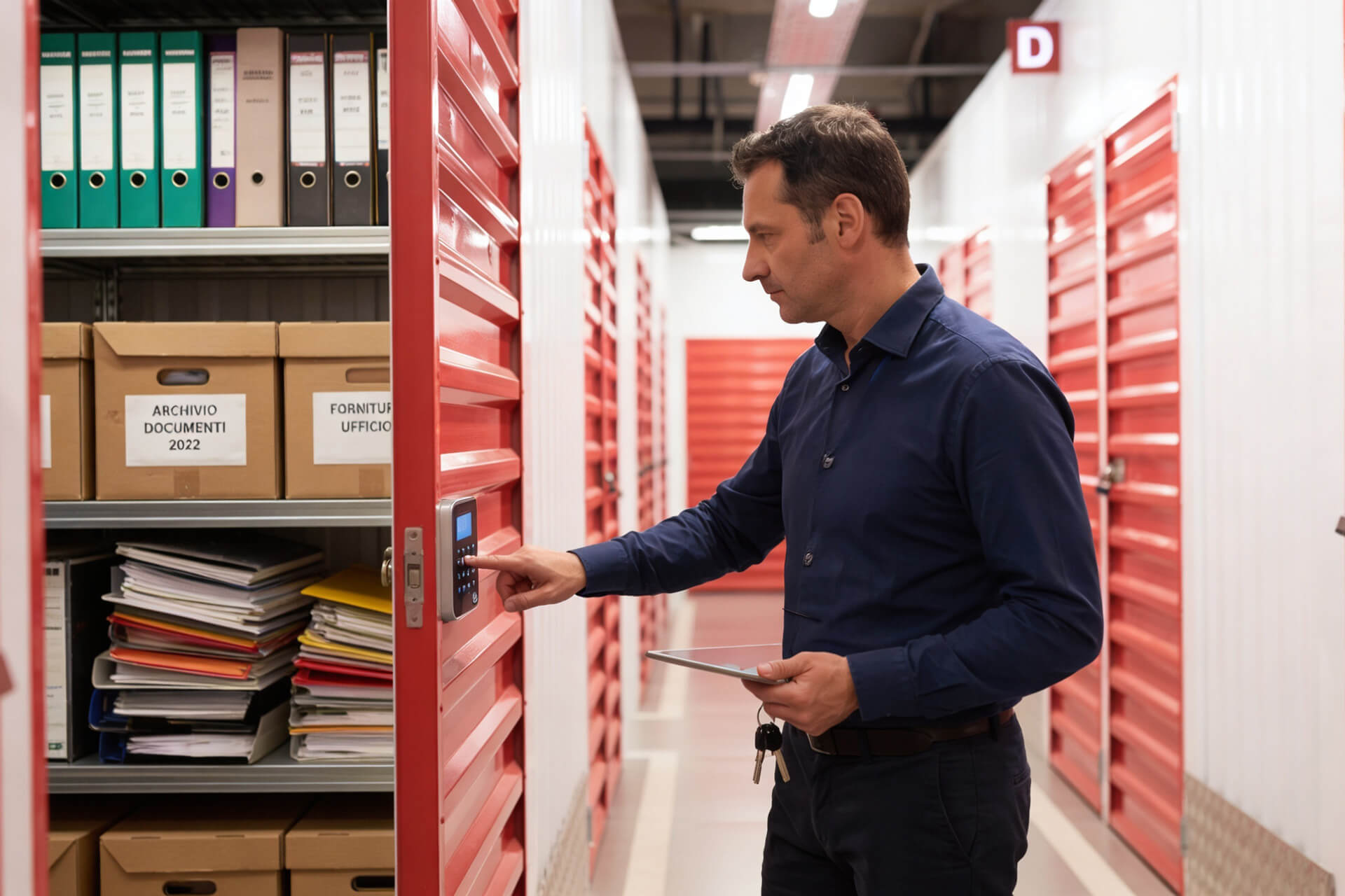 Magazzino self storage per aziende con scaffalature e accesso con codice personale